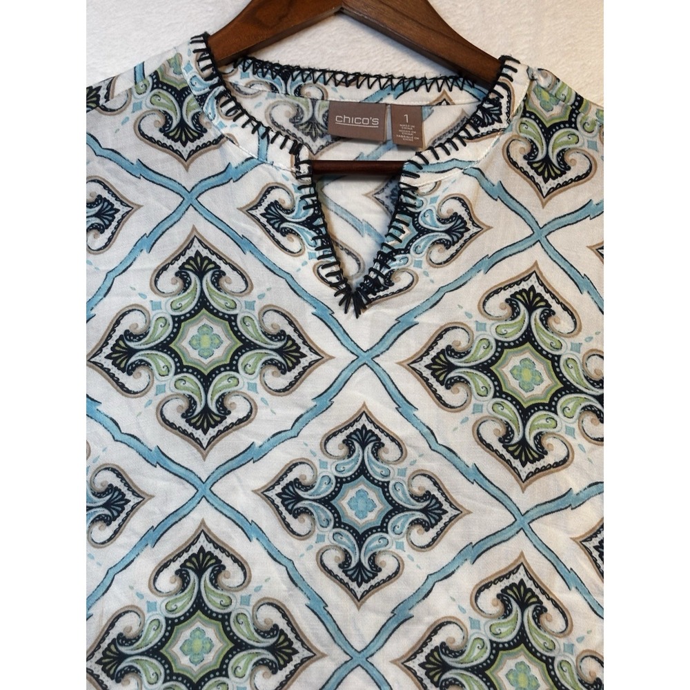Chicos Blouse 3/4 Sleeve Lace VNeck Shirt Med Top Flowy Tunic White Blue Green